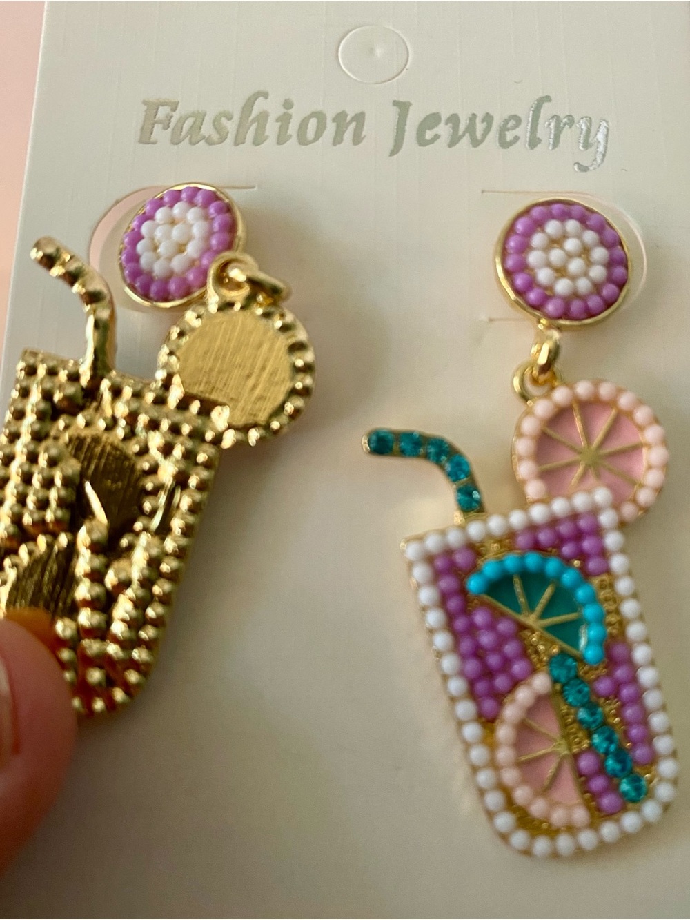Fashion Jewelry Pink, Purple & Teal Tropical Cocktail Dangle Earrings - Picture 3 of 3